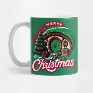 Merry Christmas - Festive Halfling Hole with Tree and Presents - Fantasy Christmas Mug